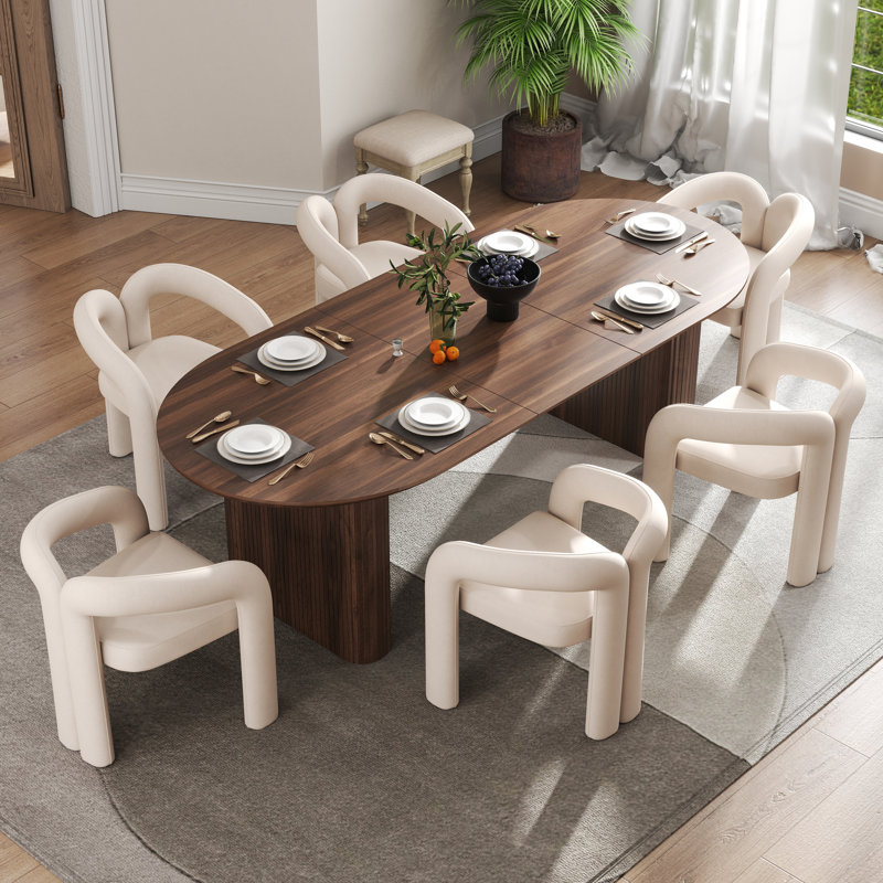 Modern Farmhouse Extendable 59.06" to 90.55" Table Dining Set for 4-8, 7 Pieces: Table, 6 Chairs, Beige, Oak