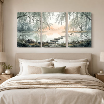 Willow Trees and Stone Path at Dusk Set Of 3 Canvas Wall Art