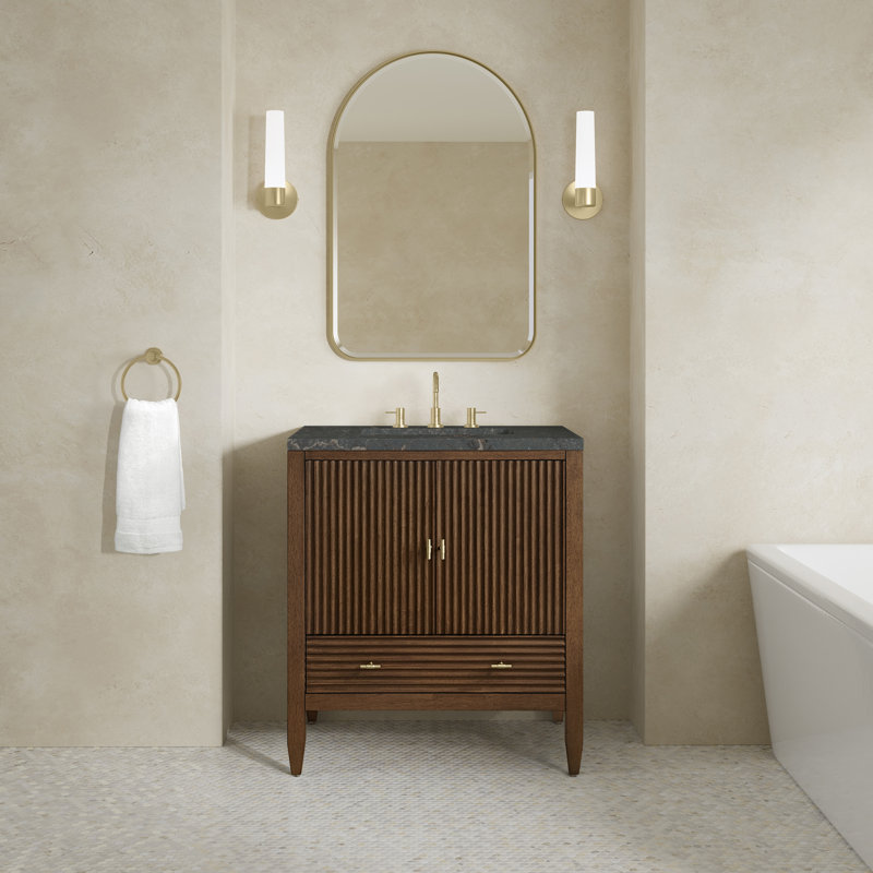 Myrrin 30" W Single Vanity, Parisien Bleu Silestone, Mid-Century Walnut, 8" Widespread