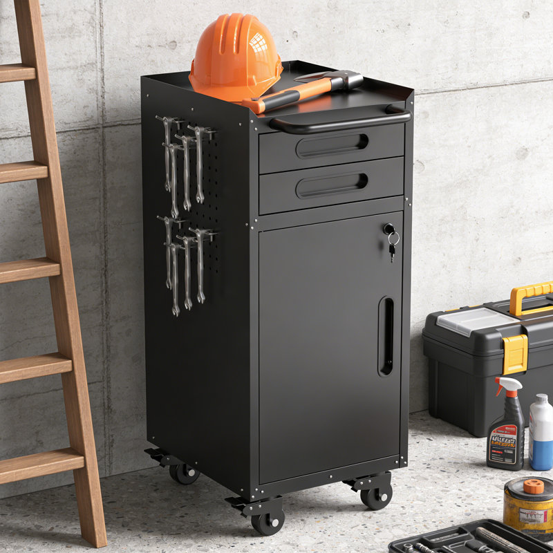 Armoire à outils en métal, organisateur de rangement de garage robuste avec portes verrouillables, établi mobile à panneaux latéraux perforés pour garage