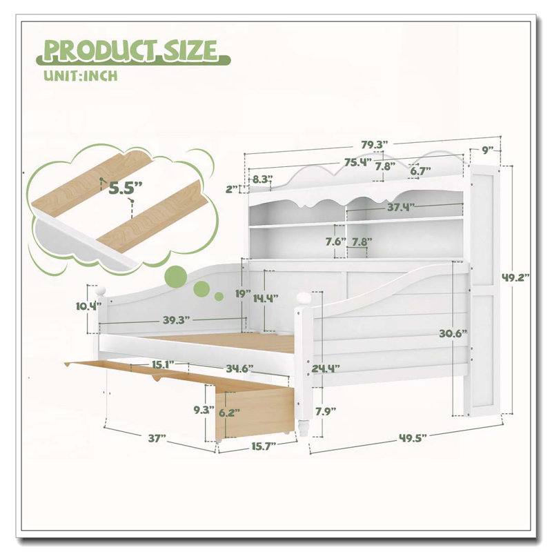 Twin Daybed With Storage Drawers With Storage Headboard Shelving, Blanc