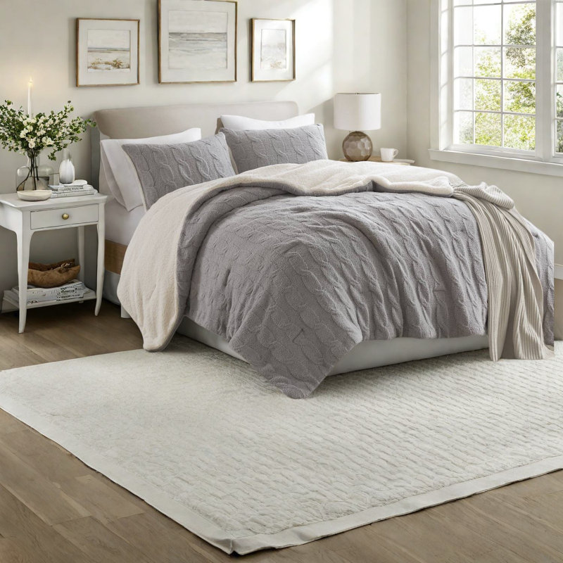 Ensembles de literie en chenille luxueux très grand / très grand californien, édredon gris en tricot doux avec envers en sherpa