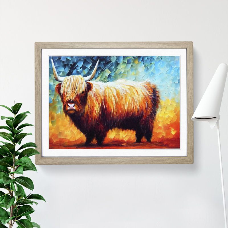 Highland Cow Vol.2 Abstract 1 Piece Single Picture Frame Wall Art, 25cm H x 34cm W x 2cm D, Oak
