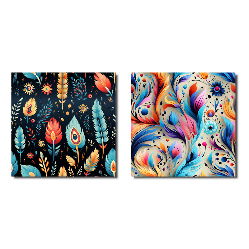 Eclectic Nomad Boho Pattern II - Feathers Metal Wall Decor Square Set Of 2, 16" H x 32" W