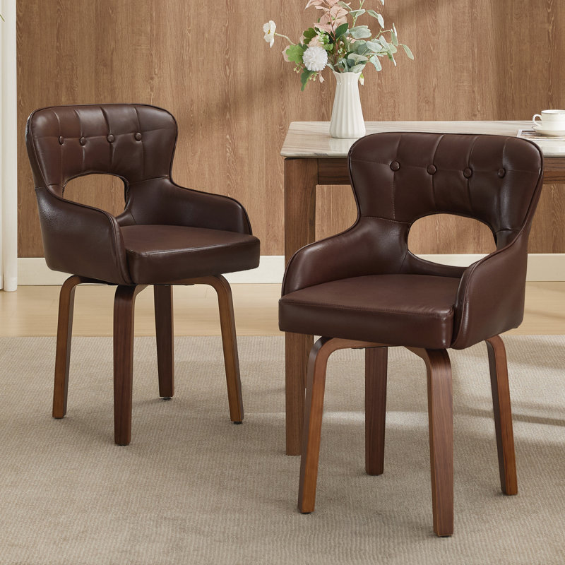 360° Swivel Faux Leather Upholstered Dining Chair With Adjustable Foot Pads, Solid Wood Legs, Brown
