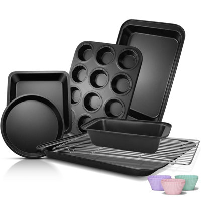 Compact Baking Pans Set 19 Piece, Nonstick Bakeware Set with Round Square Cake Pan, Loaf Pan, Muffin Pan, Cookie Sheet, Roast Pan, Cooling Rack, Carbon Steel Bake Set, Black