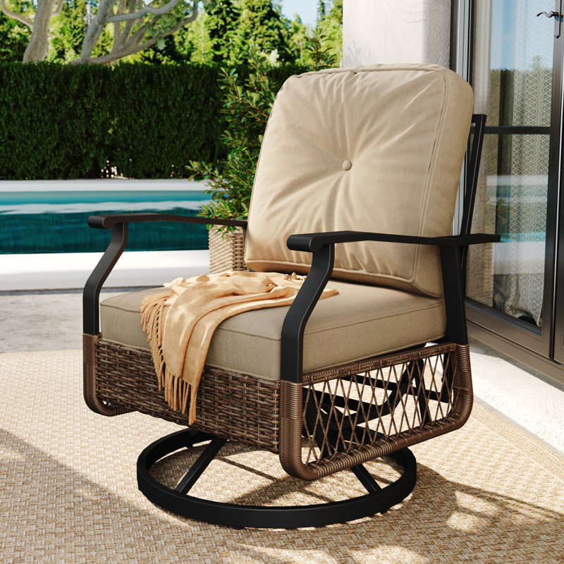 Denison 2-Person Outdoor Seating Group, Wicker Swivel Chairs with Cushions and Side Table, Khaki