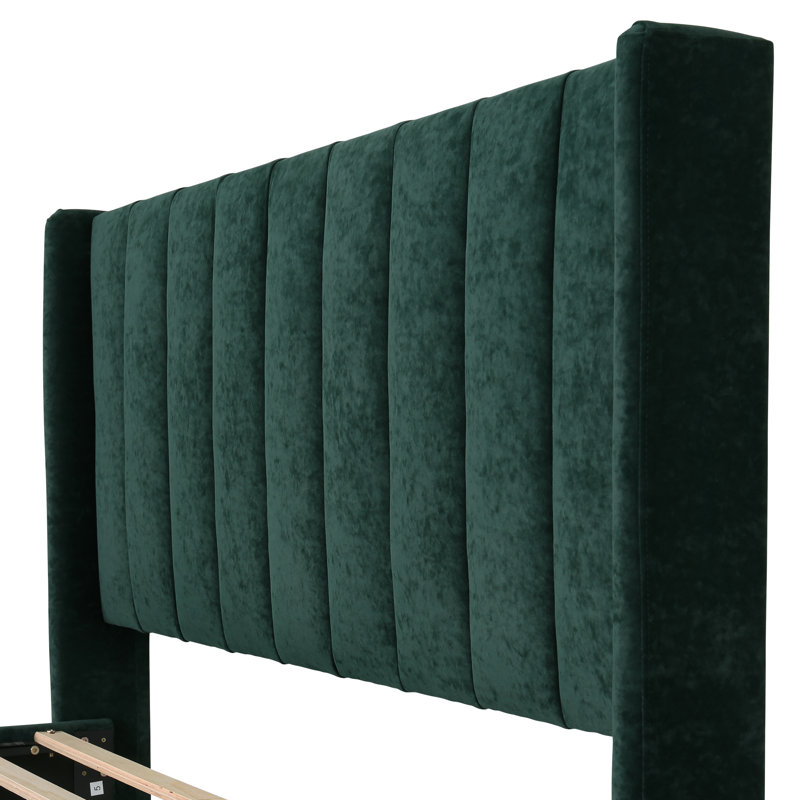 Lit plateforme tapissier avec tête de lit à oreilles Eriksay, Velours vert encre A, Double