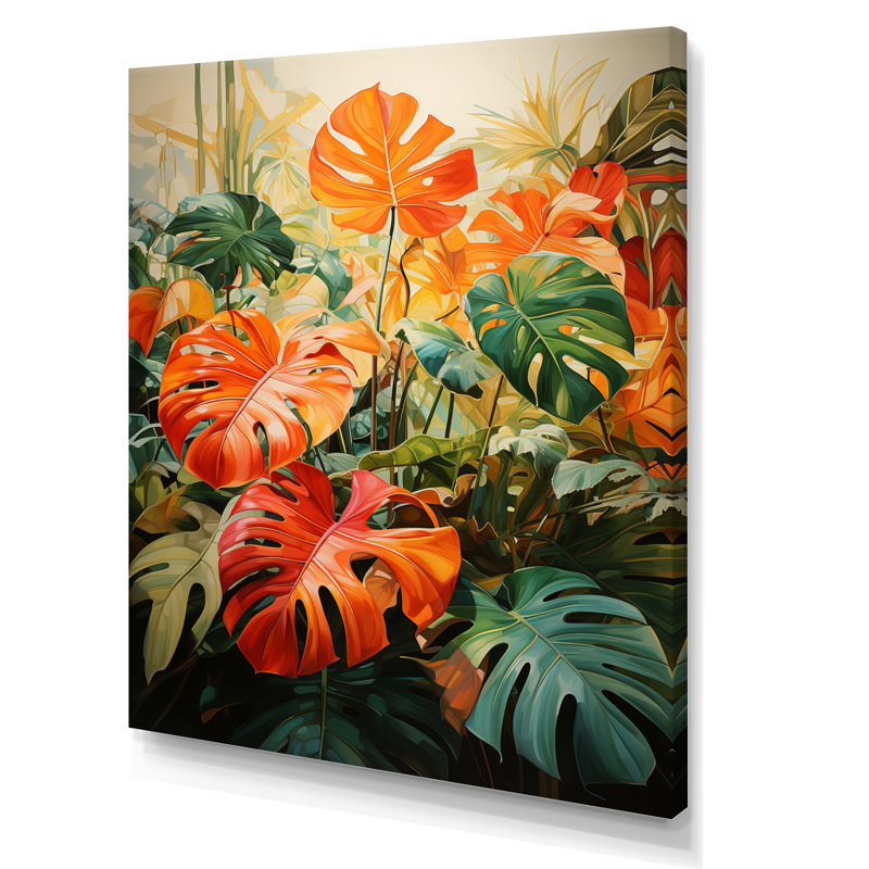 Feuillage tropical orange et vert I, Toile tendue, H 44 po x l 34 po x P 1,5 po