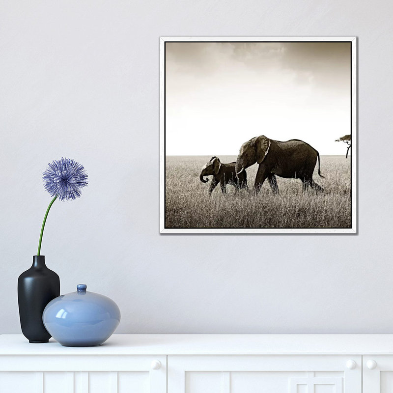 Bonded Elephant 1 Piece Wall Art on Canvas, 45.72 cm H x 45.72 cm W, White Framed