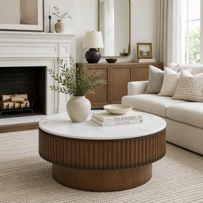 31.5" Round Coffee Table with Storage and White Marble-Pattern Top, Brown