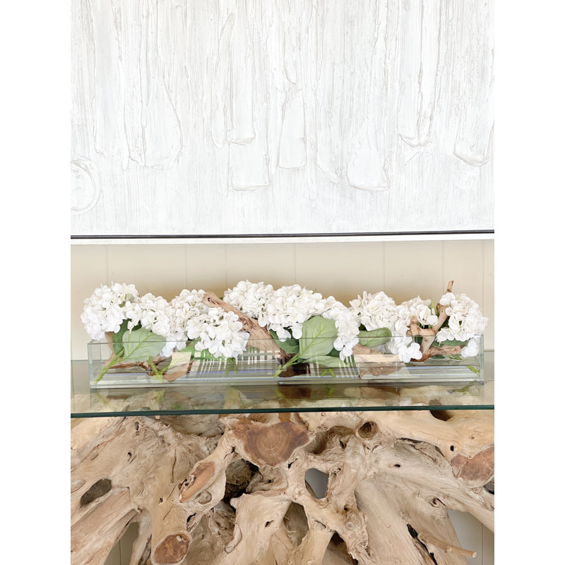 Silk Faux Floral in Planter, White, 8" H x 24" W x 6" D