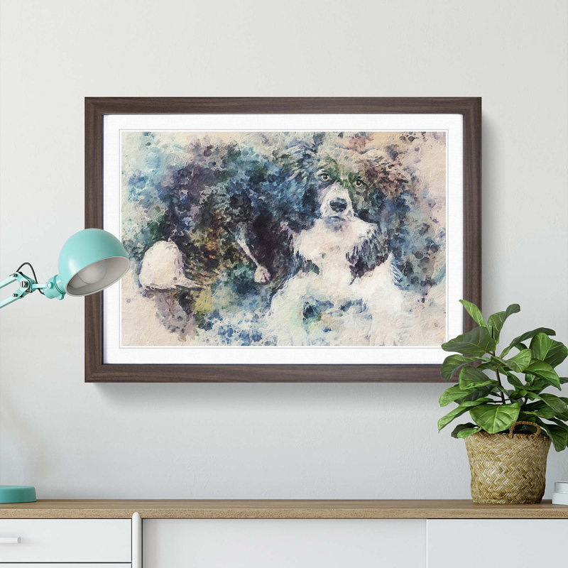Resting Border Collie Dog in Abstract - Picture Frame Painting Print, Walnut Framed, 48cm H x 65cm W x 2cm D