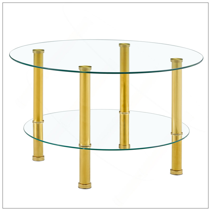 Table basse contemporaine en verre trempé à double couche de style contemporain - plateau de 27,5 po et dessous de 23,6 po. Plateau de table en verre renforcé, pieds en acier inoxydable.