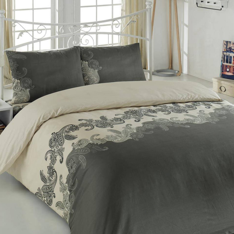 Ensemble de housse de couette en mélange de coton beige / gris Galax, Housse de couette 61 po x 79 po + 1 taie d'oreille