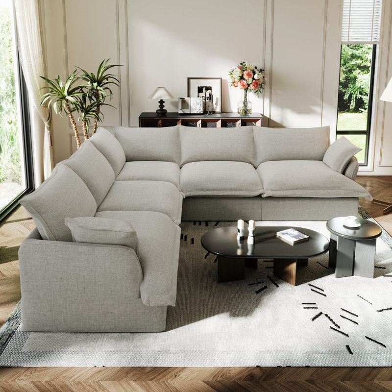 Linen Blend Cloud Couch Modular Sectional Sofa, Convertible Upholstered Cloud Sofa Comfy Deep Seat Couches For Living Room, Down Filled Sectional Sofa, Removable Washable Sofa Covers