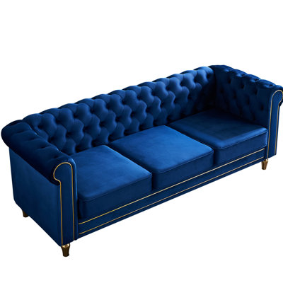 Living Area , 82.63 Inch Blue Velvet, Skin- Upholstery, High Comfort Foam, Button Tufting, Stable Support Velvet For Area, Style, Breathable Fabric, Density Sponge, Deep