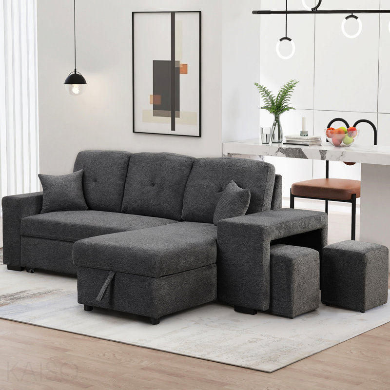 Canapé modulaire, canapé-lit modulaire réversible avec tablette latérale et 2 tabourets, canapé-lit coulissant en L, canapé-lit d'angle avec méridienne de rangement gauche / droite pour le salon