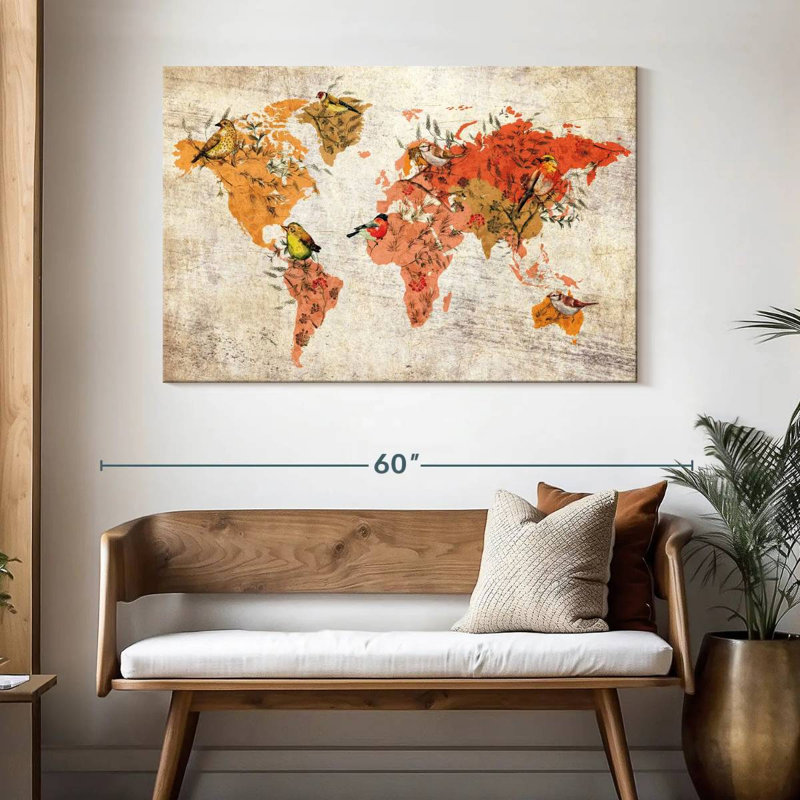 Carte du monde des oiseaux d'automne Aliaz, H 32 po x l 48 po