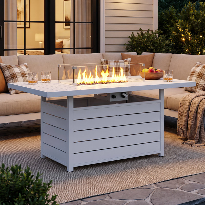 26" H x 54" W Aluminum Propane Outdoor Fire Pit Table with Cover, White