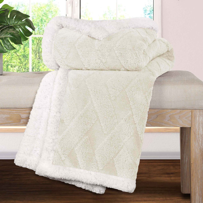 Superior Jacquard Lattice Fleece Plush Sherpa Reversible Blanket Medium Weight Fluffy Bedding, Ivory, Throw XL