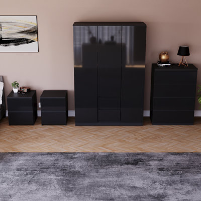 Taniesha 4 Piece Bedroom Set (2 Drawer Bedside Chest X2, 4 Drawer Chest, 3 Door 2 Drawer Wardrobe), (100% FSC)