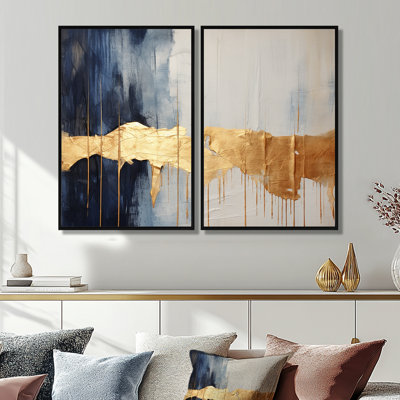 Waves Of Joy Minimal Nova Blue And Gold I - Abstract Painting Wall Art