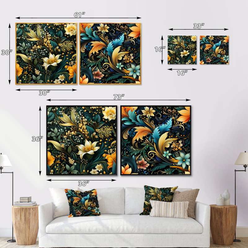 Contemporary Contemporary Paisley Botanic Motif - Ensemble de 2 collages carrés floral et botanique, Cadre flottant noir