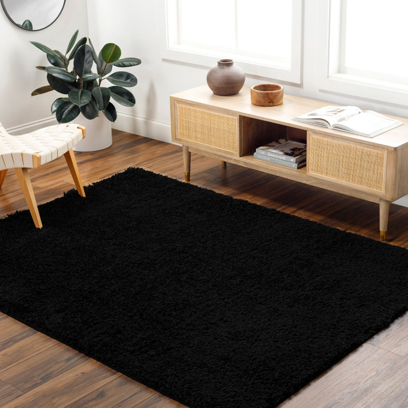 Black Modern Shaggy Rug, Plain Anti Slip Easy to Clean Rug For Living Room, Dining Room, Bedroom, Kitchen