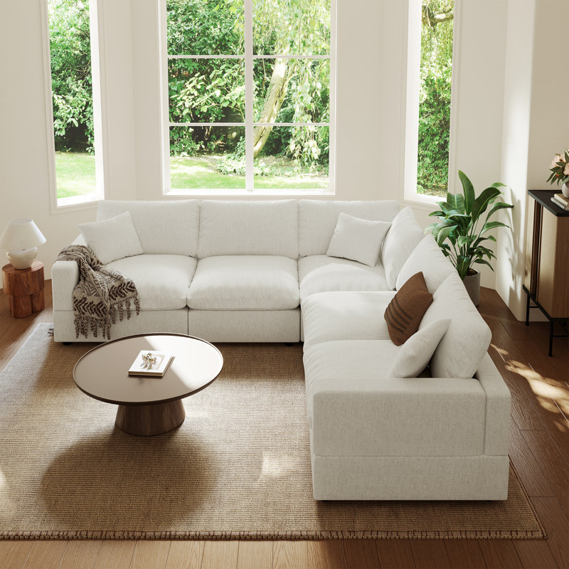 Upholstered Sofa, Cloud Couch Modular Sectional Sofa Couch for Living Room Bedroom, Cream Linen Blend