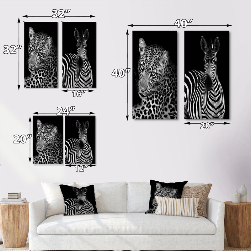Leopard en noir et blanc II - ensemble de 2 reproductions sur toile, Toile tendue, H 20 po x l 24 po x P 1 po