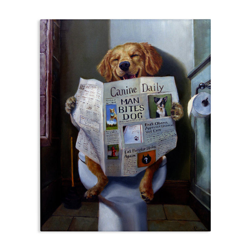 "Chien lisant le journal sur la toilette", peinture sur toile tendue par Lucia Heffernan, H 20 po x l 16 po