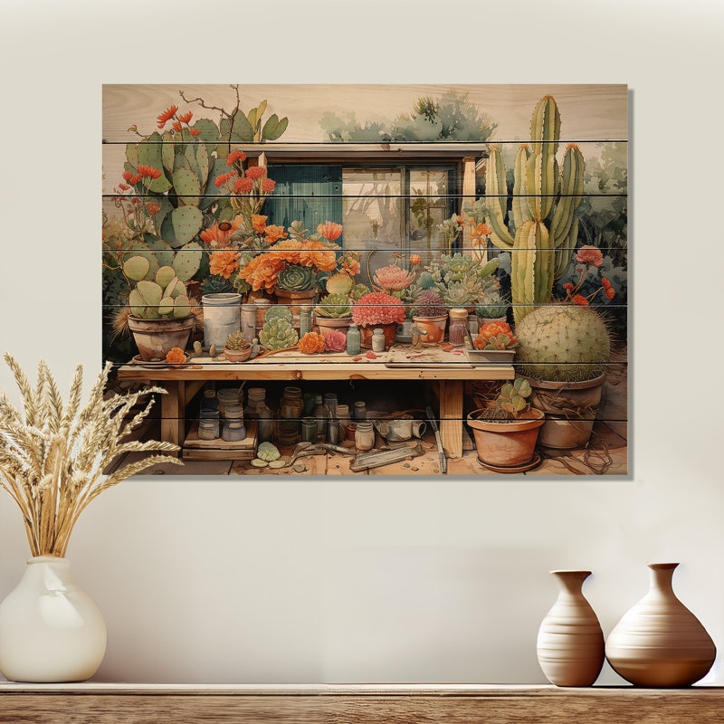 «Mexico Cactus Oasis Impasto III», reproduction sur bois, H 30 po x l 40 po x P 0,78 po