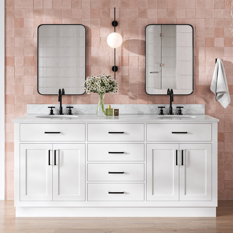 Jameal 72' Solid Wood Double Bathroom Vanity with 0.75' Carrara Marble Top, Blanc, Ovale