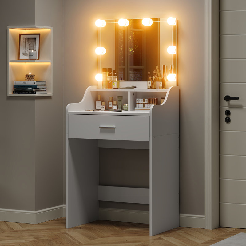 Quinterrious 23.6" Small Makeup Vanity Desk with LED Lighted Mirror for Bedroom