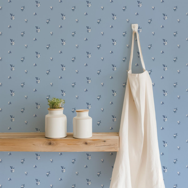 Lady Charlotte Miniature Roses 10' L x 24" W Peel and Stick Wallpaper Roll, Blue, Peel & Stick
