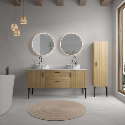 Meuble-lavabo moderne en chêne naturel avec découpe en U et tiroirs à fermeture en douceur