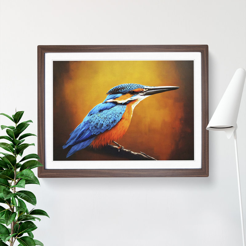Harmonious Kingfisher Bird - Single Picture Frame Print, 25cm H x 34cm W x 2cm D, Walnut