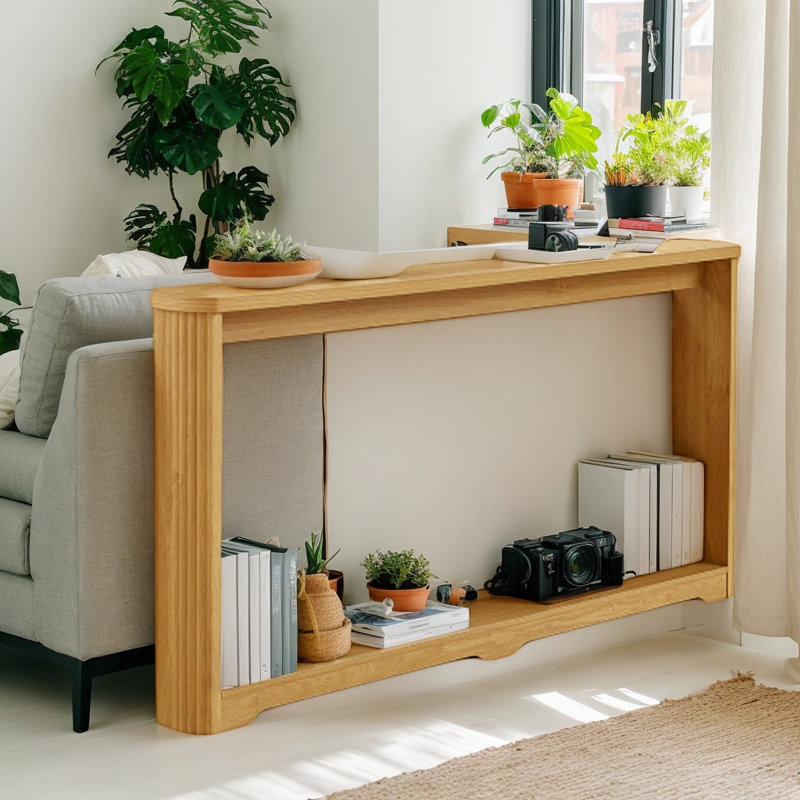 70" Curved-Edge Retro Console – Slim Storage Table For Modern Entryways, Natural