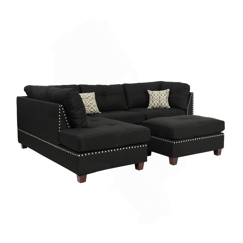Reversible Polyfiber Sectional Sofa With Ottoman, Black