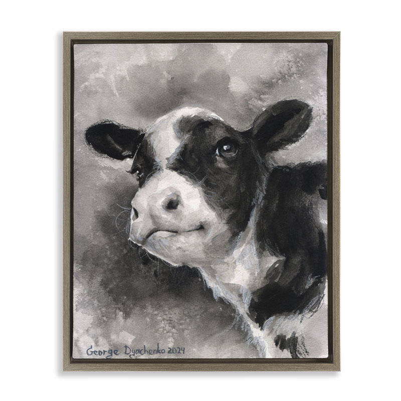 «Sourire bébé veau» par George Dyachenko, Cadre flottant orme Montalcino, H 21 po x l 17 po