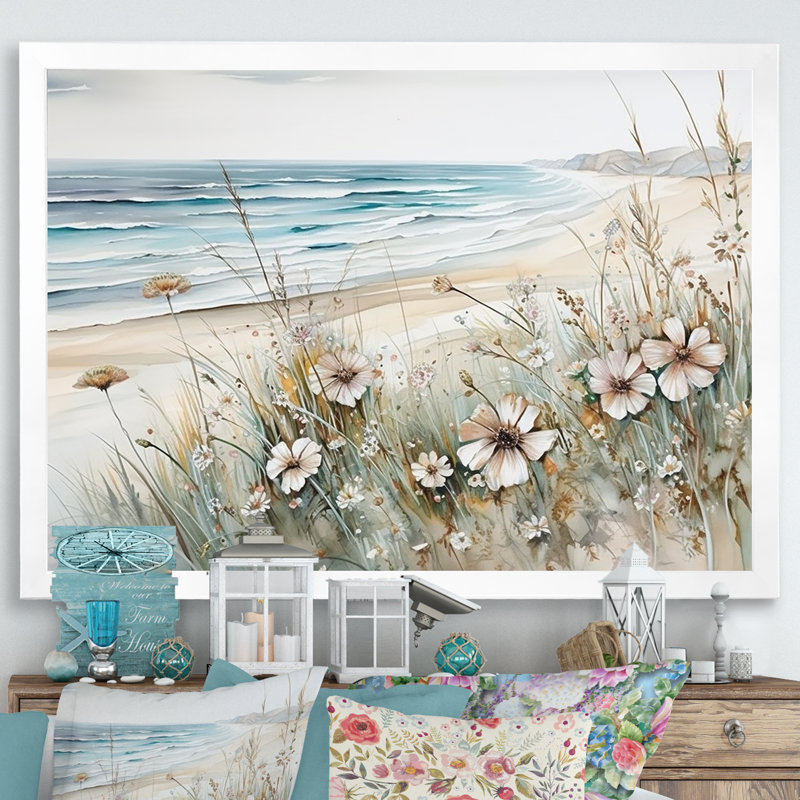Fleurs sauvages sur la plage - Fleurs sauvages encadrées, Cadre simple blanc, H 30 po x l 40 po x P 1,5 po