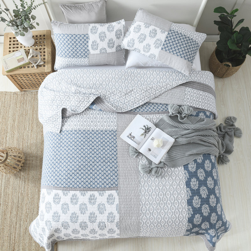 DDUOXIN 100% Cotton 98×90 inch Patchwork Quilt Sets - 1 Quilt with 2 Pillow Shams, Blue/Gray, Queen  Quilt + 2 Shams