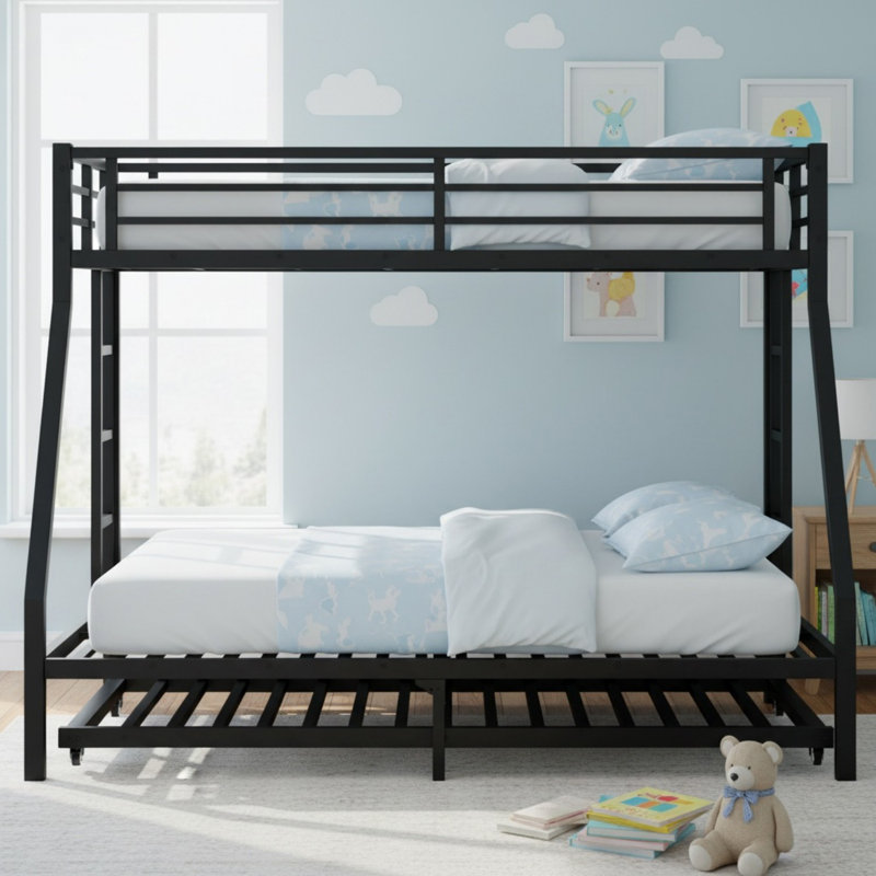 Twin XL Over Queen Metal Bunk Bed with Twin Size Trundle for Bedroom, Twin XL Over Queen