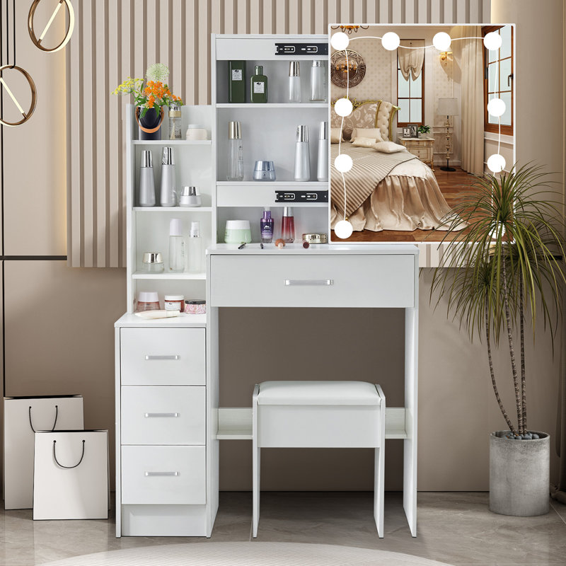 Ensemble de coiffeuse blanche avec lumières DEL et miroir coulissant avec tabouret