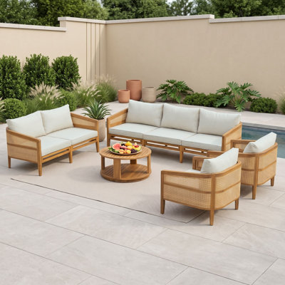 Ensemble de conversation de patio 5 pièces avec canapé 3 places, causeuse, deux fauteuils club, table basse et coussins amovibles