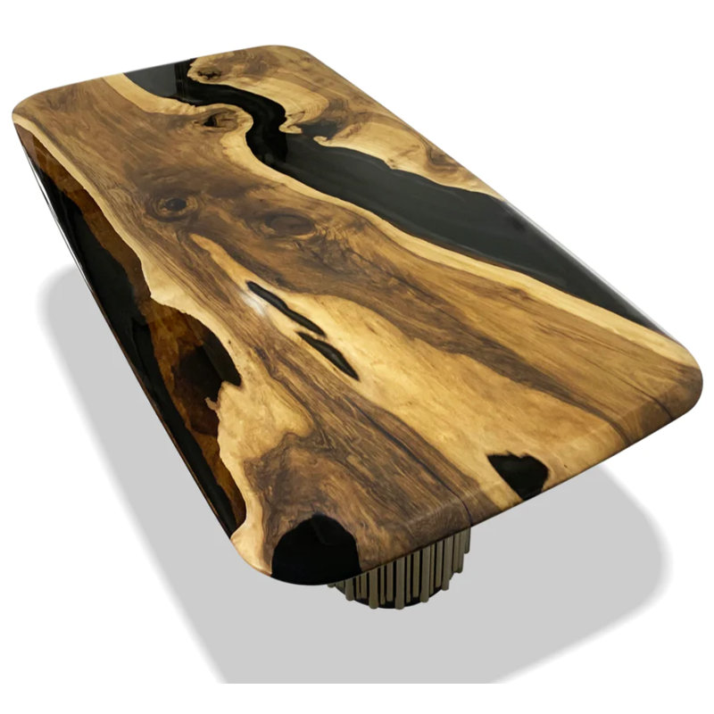 Evohe Walnut Wood Dining Table, 48" W x 108.3" L, Polished Brass