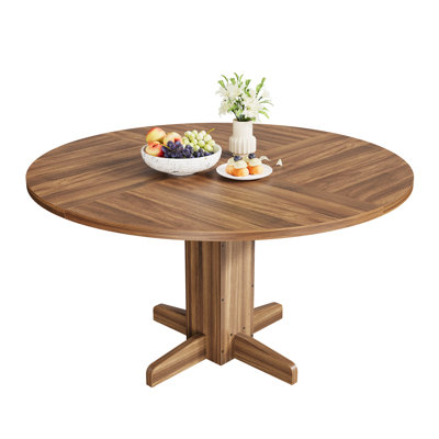 Round Dining Table for 4-6 People, 47" Wood Kitchen Table with Sturdy Pedestal Base, Farmhouse Dinner Tables for Dining Room, Kitchen, Living Room, Brown