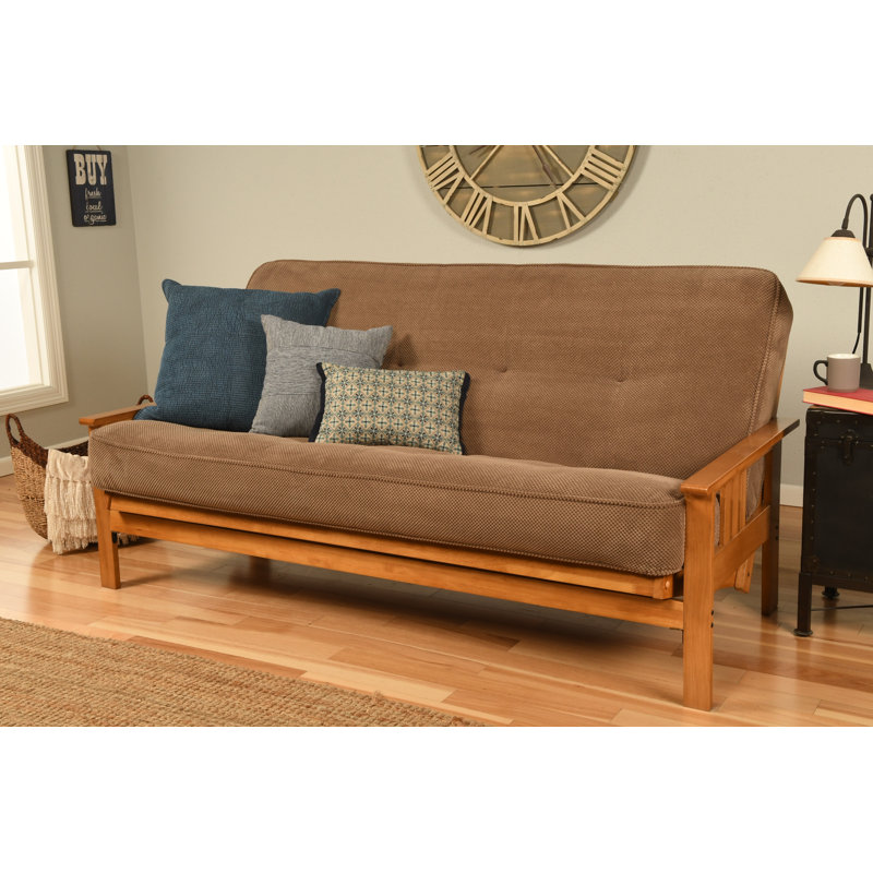 Structure de futon double avec matelas à ressorts double Johnte, Premium Pocket Coil, Mocha marmont, Noyer cendré