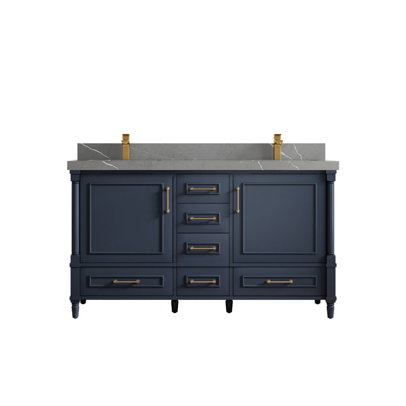 Navy Blue Double Sink Freestanding Vanity with Gray Quartz Top